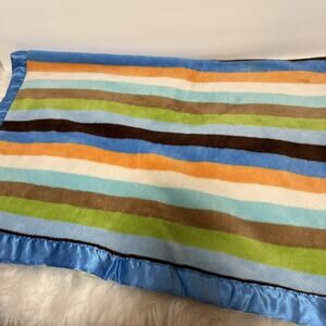 Baby Boom Striped Plush Baby Blanket Blue Satin Trim Brown Tan Lovey 30”x40” Vtg